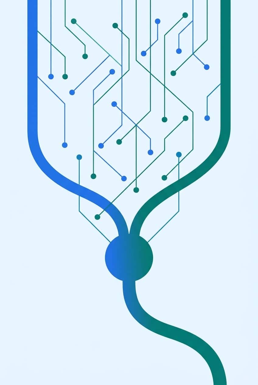 Abstract network motif of a blue line and a teal line converging into one shared node, representing two pillars and two founders becoming one practice
