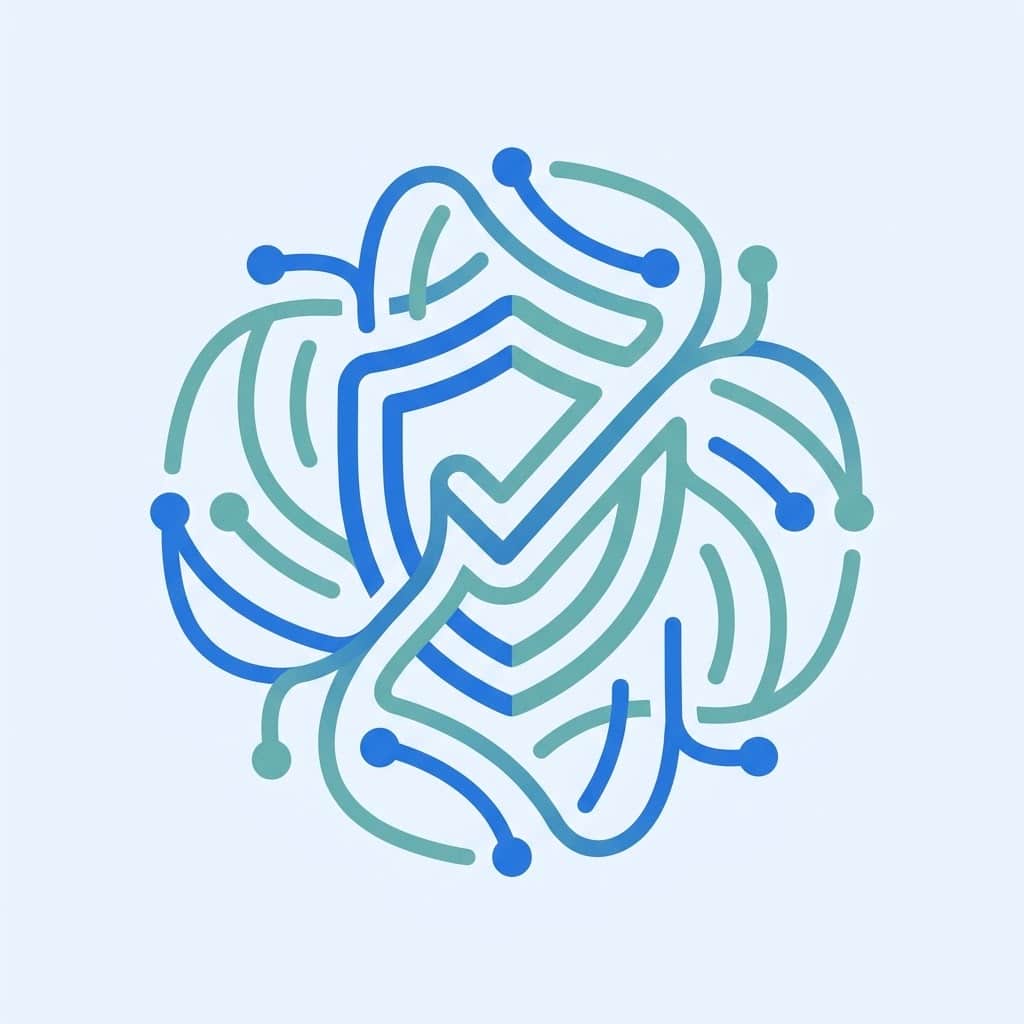 Abstract network motif of lines and nodes converging into a shield-check shape, representing accreditation and verification