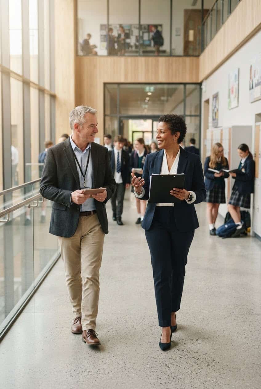 School leader and visiting evaluator in conversation while walking through a school corridor