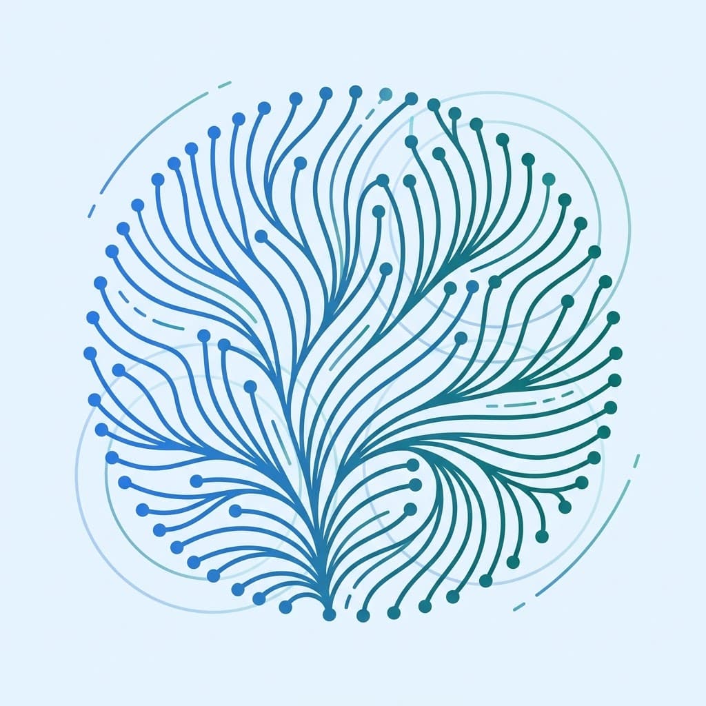 Abstract network motif of many blue-to-teal lines converging like roots or a bloom into a single integrated point