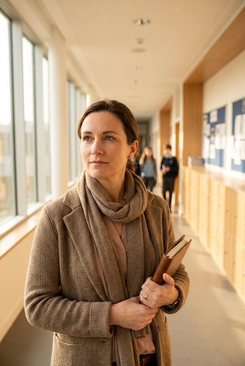 A PD lead stands thoughtfully in a sunlit school corridor holding a notebook