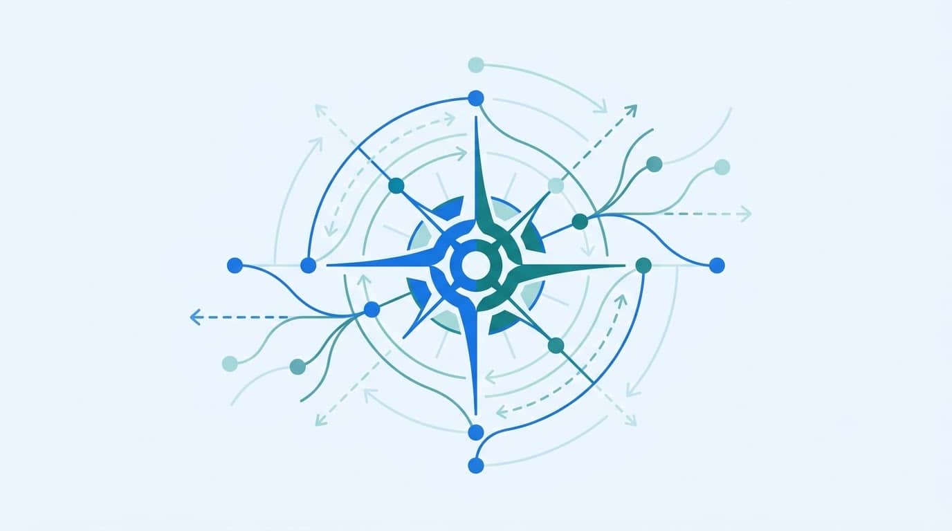 Abstract network motif of lines and nodes radiating outward like a compass, representing strategic direction