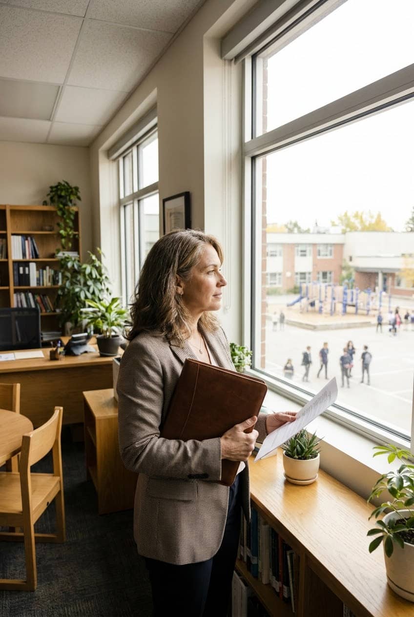 School principal standing thoughtfully by her office window, holding a strategic planning document