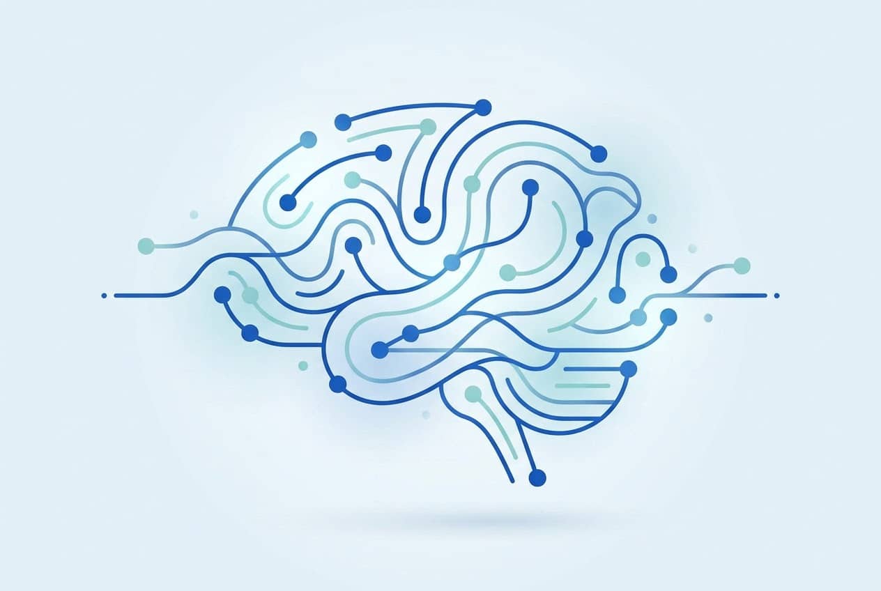 Abstract illustration of an AI network in the shape of a brain, rendered in blue and teal circuit lines