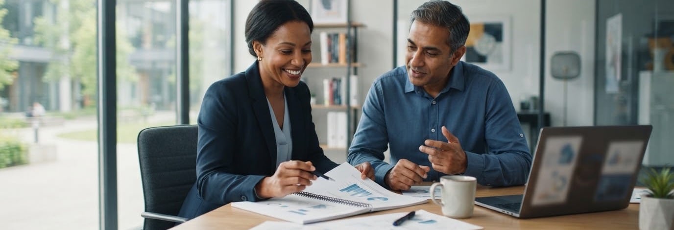 Two colleagues reviewing documents together at a desk