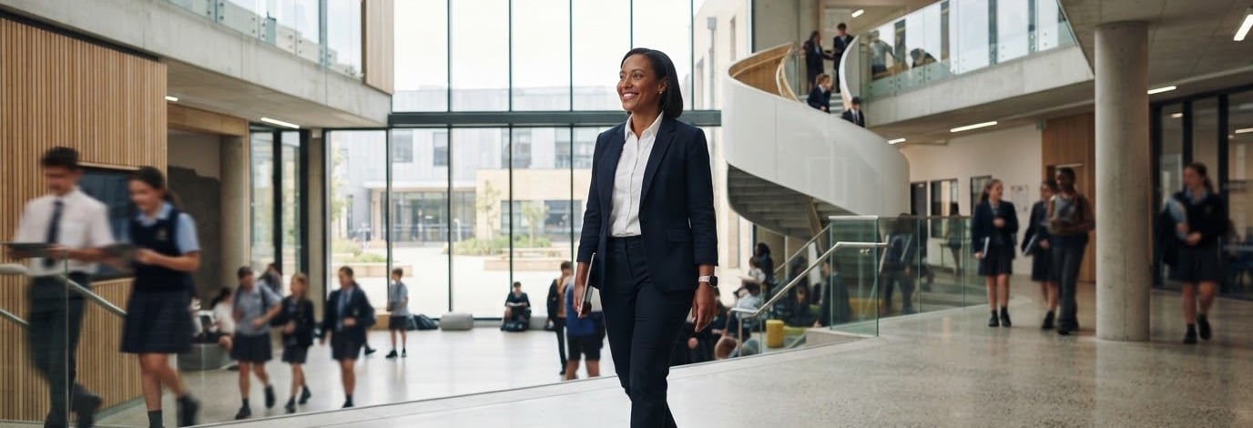 Educator walking through a school building corridor