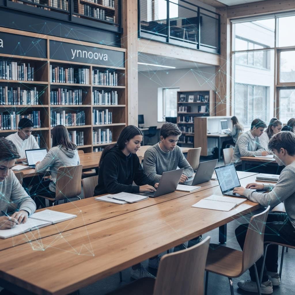 Students working on laptops in a school library, with a subtle network graphic overlay